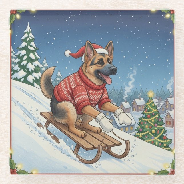 Dessous-de-verre En Verre German Shepherd Sledding, Christmas Coaster (Devant)