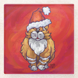 Dessous-de-verre En Verre Ginger Chat Noël Sur Rouge