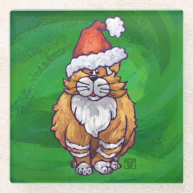 Dessous-de-verre En Verre Ginger Chat Noël Sur Vert (Devant)