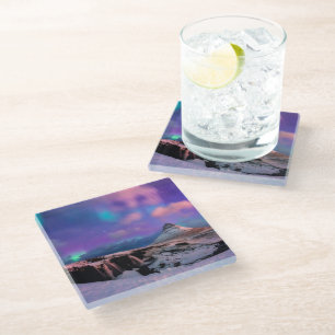 Dessous-de-verre En Verre Glace et neige   Lumières du Nord, montagne Kirkju