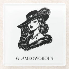 Dessous-de-verre En Verre Glam Woman with Cat Fashion Illustration