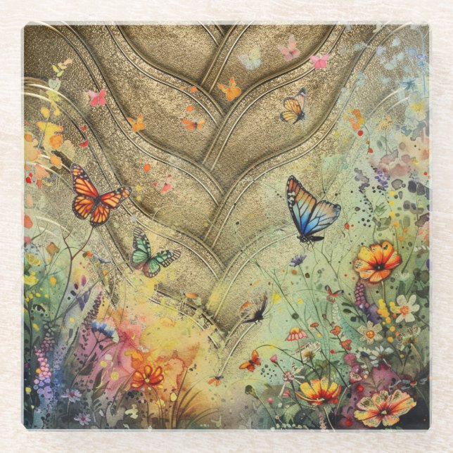 Dessous-de-verre En Verre Golden accent papillon jardin personnalisé art (Devant)