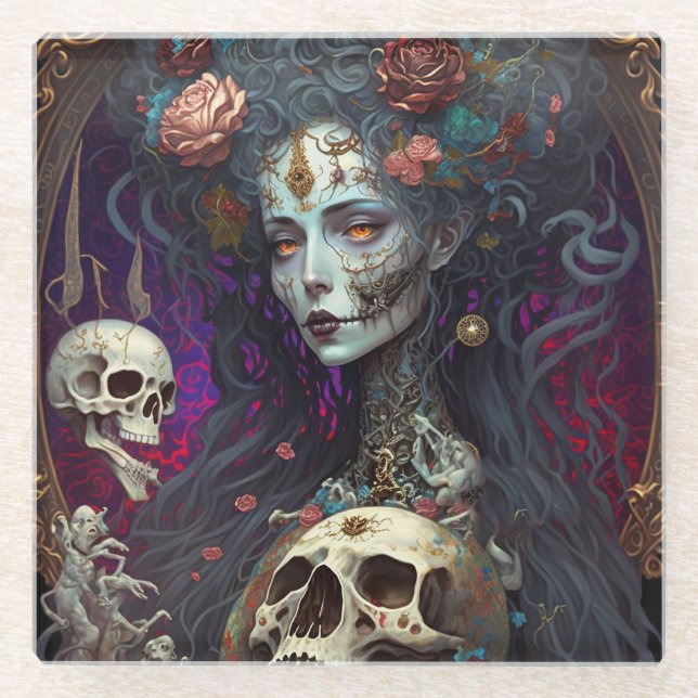 Dessous-de-verre En Verre Goth Skull Zombie Femme Gothique (Devant)