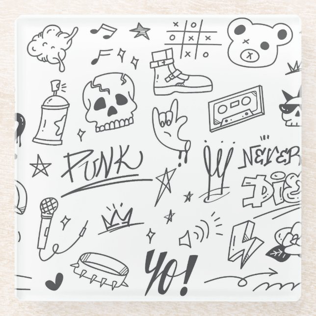 Dessous-de-verre En Verre Graffiti Doodles : Punk Music Scribble (Devant)