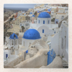 Dessous-de-verre En Verre Grèce, Santorin. Clocher et dômes bleus
