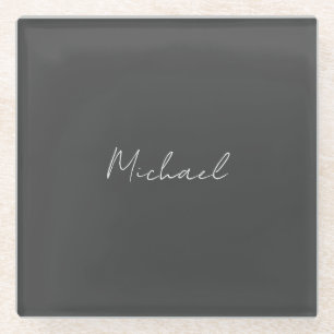 Dessous-de-verre En Verre Gris blanc manuscrit minimaliste Votre nom