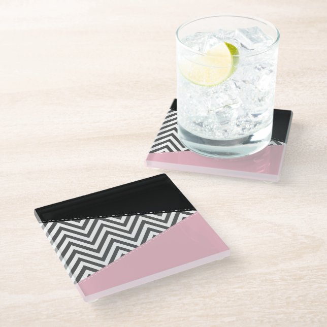 Dessous-de-verre En Verre Gris Zigzag, Gris Chevron, Motif Zigzag, Rose (Incliné)