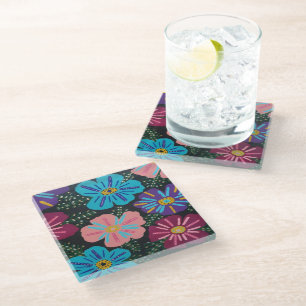 Dessous-de-verre En Verre Grosses fleurs pastel en noir