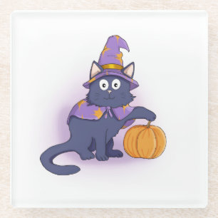 Dessous-de-verre En Verre Halloween Wizard Chat avec Citrouille