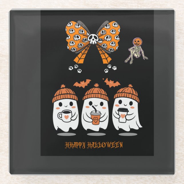 Dessous-de-verre En Verre Happy Halloween – fantômes café mignons (Devant)