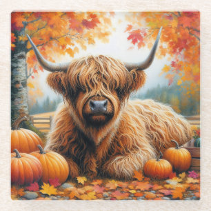Dessous-de-verre En Verre Highland Cow Fall Citrouille Aquarelle