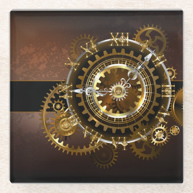 Dessous-de-verre En Verre Horloge Steampunk avec des engrenages anciens (Devant)