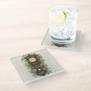 Dessous-de-verre En Verre Horloge Vintage Entourée de Roses et de Vignes