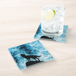 Dessous-de-verre En Verre Howling Winter Wolf enneigé bleu fumée Abstraite
