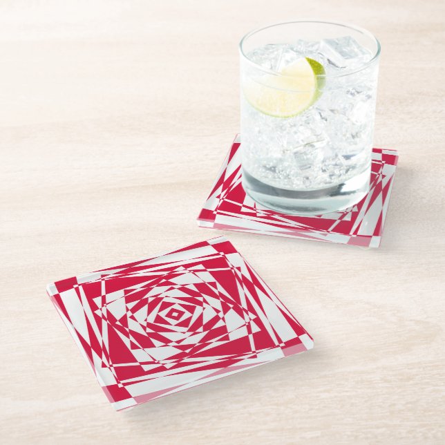 Dessous-de-verre En Verre Illusion abstraite rouge blanc (Incliné)
