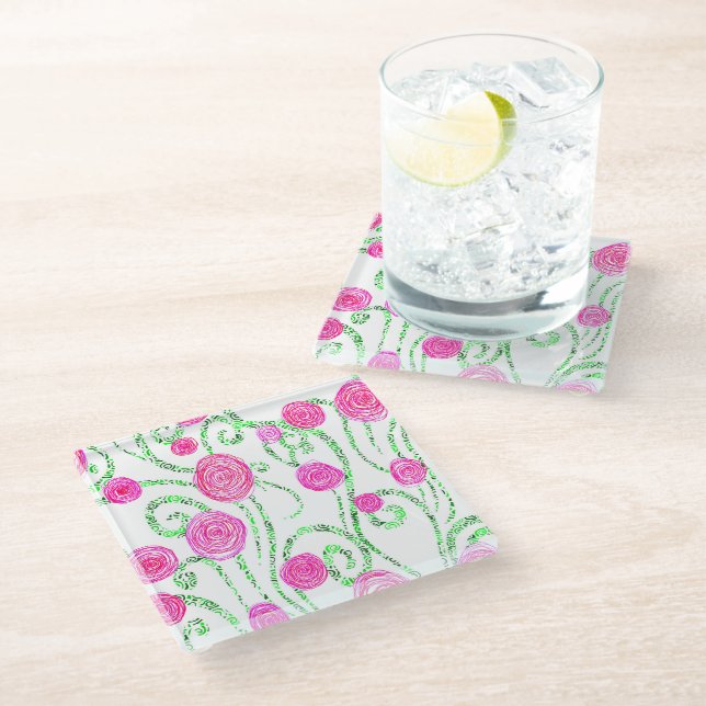 Dessous-de-verre En Verre Illustration de fleurs vert et rose (Incliné)