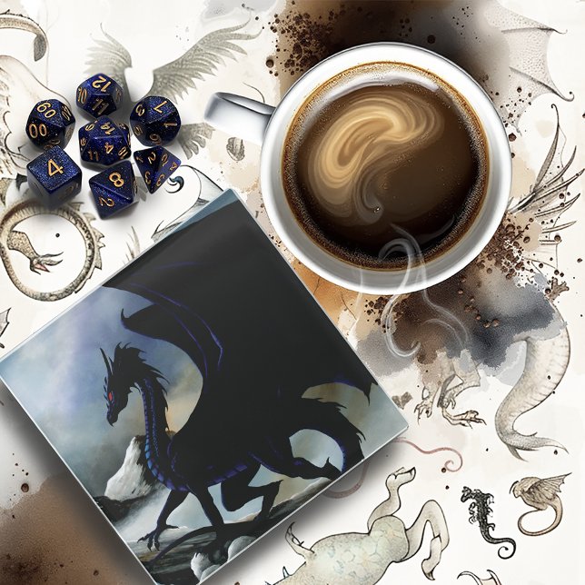 Dessous-de-verre En Verre Imaginaire de Dragon Noir Montagnes Bleues (Créateur téléchargé)