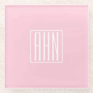 Dessous-de-verre En Verre Initiales Monogramme Blanc Sur Rose Clair