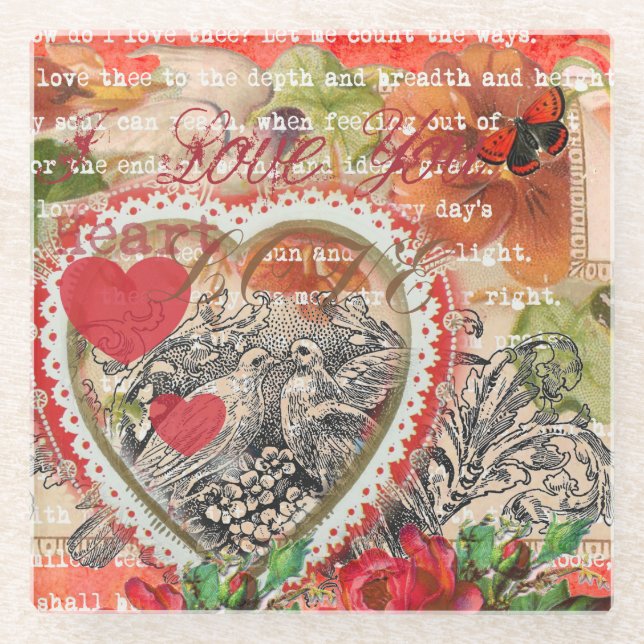 Dessous-de-verre En Verre Inséparables Heart Red Art Collage (Devant)