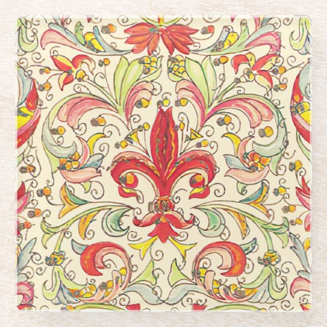 Dessous-de-verre En Verre Italien Florentine Fleur de Lis Motif (Devant)
