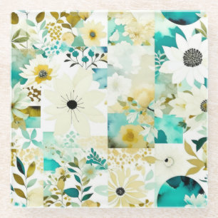 Dessous-de-verre En Verre Joli Art folklorique Fleurs blanches et turquoise
