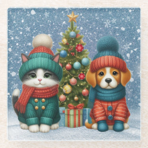 Dessous-de-verre En Verre Joli chiot de Noël & chaton