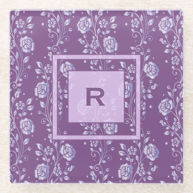 Dessous-de-verre En Verre Joli monogramme floral pourpre et Lilac (Devant)