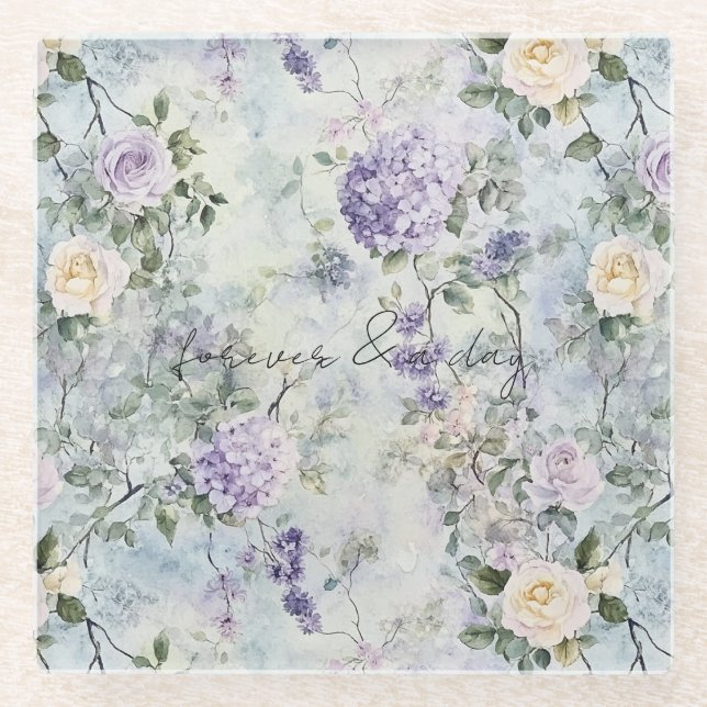 Dessous-de-verre En Verre Jolies Roses Lavande Blanches Fleurs Mariage (Devant)