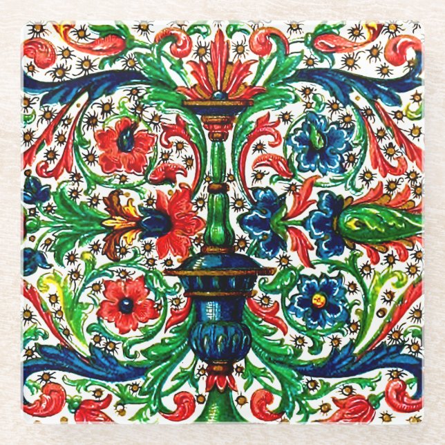 Dessous-de-verre En Verre Joyaux Tons Médiéval Fleurs Manuscrits Scrolls (Devant)