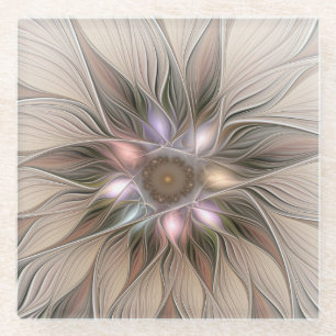 Dessous-de-verre En Verre Joyeuse Fleur Abstrait Beige Brown Floral Fractal