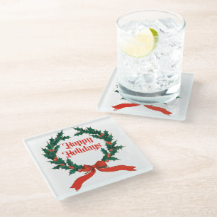 Dessous-de-verre En Verre Joyeuses vacances Vintage Holly Noël Wreath