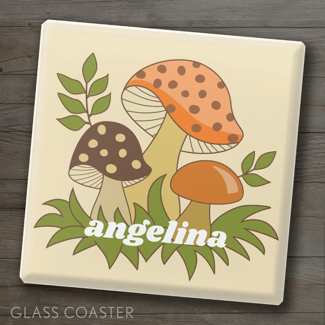 Dessous-de-verre En Verre Joyeux champignons avec nom personnalisé (Custom Coasters)