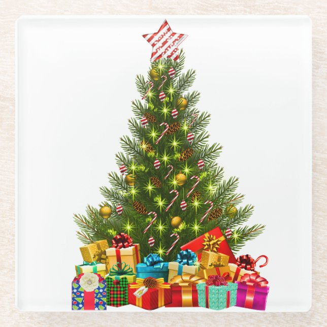 Dessous-de-verre En Verre Joyeux sapin de Noël avec Star Presents (Devant)
