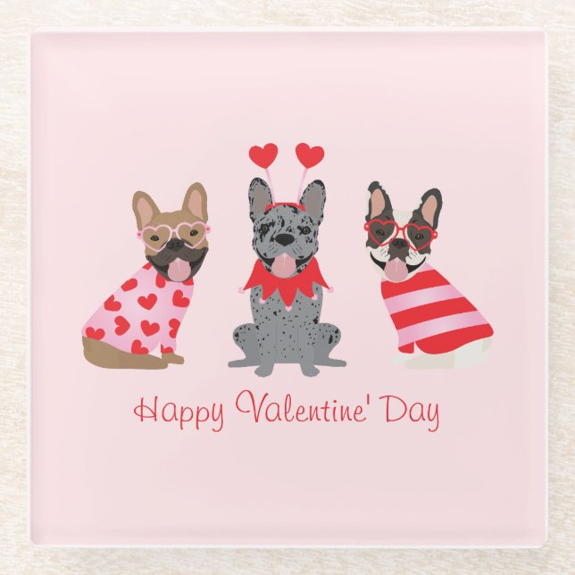 Dessous-de-verre En Verre Joyeux Valentines Day Bulldogs français (Devant)