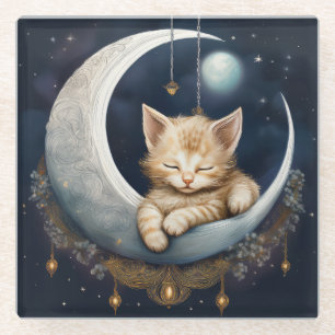Dessous-de-verre En Verre Kitten Asleep Sur L'Objet Crescent Moon