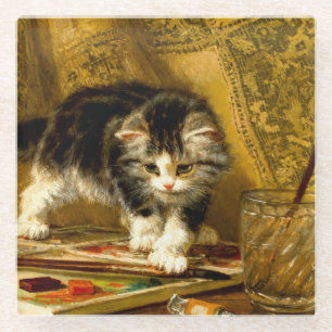 Dessous-de-verre En Verre Kitten avec peinture et brosses