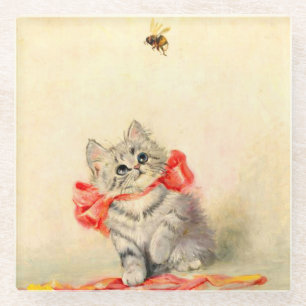 Dessous-de-verre En Verre Kitten avec ruban rouge