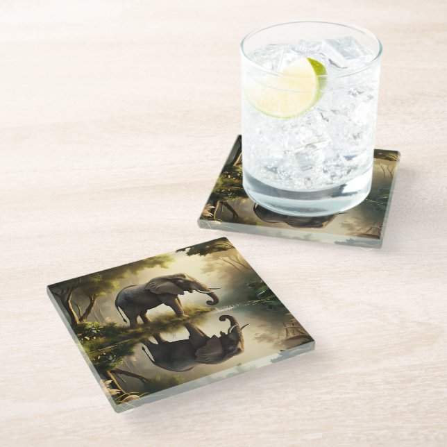 Dessous-de-verre En Verre La réflexion d'un éléphant (Incliné)