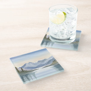 Dessous-de-verre En Verre Lac Tahoe   Paysage de montagne à l'aquarelle