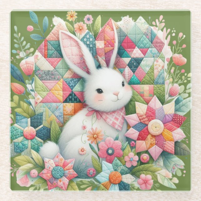 Dessous-de-verre En Verre Lapin avec courtepointe et fleurs (Devant)