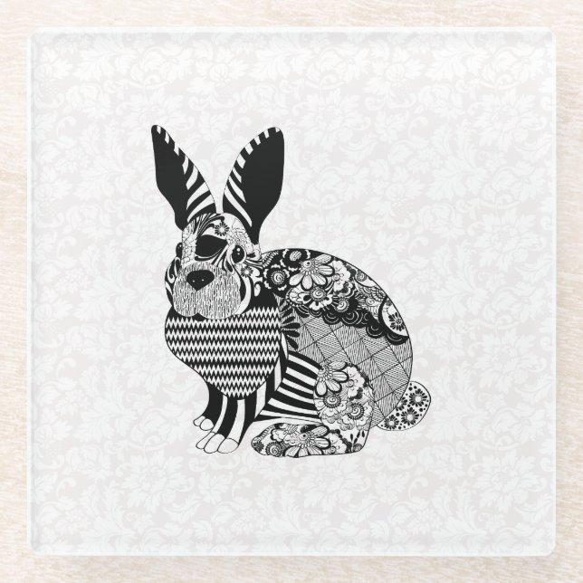 Dessous-de-verre En Verre Lapin Sur Damas (Devant)