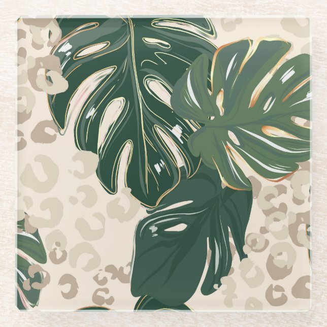 Dessous-de-verre En Verre Leopard Monstera : Jungle Imprimer Vintage. (Devant)
