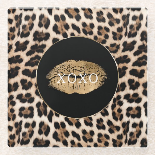 Dessous-de-verre En Verre Leopard Print Gold Lips XOXO (Devant)