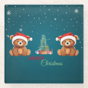Dessous-de-verre En Verre Les animaux mignons hiver Ours Père Noël arbre de 