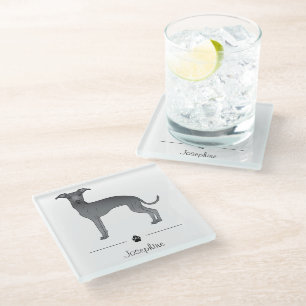 Dessous-de-verre En Verre Lévrier Italien Bleu Chien Mignon Avec Texte Perso