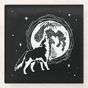 Dessous-de-verre En Verre Linocut de lune Husky Howling noir et blanc