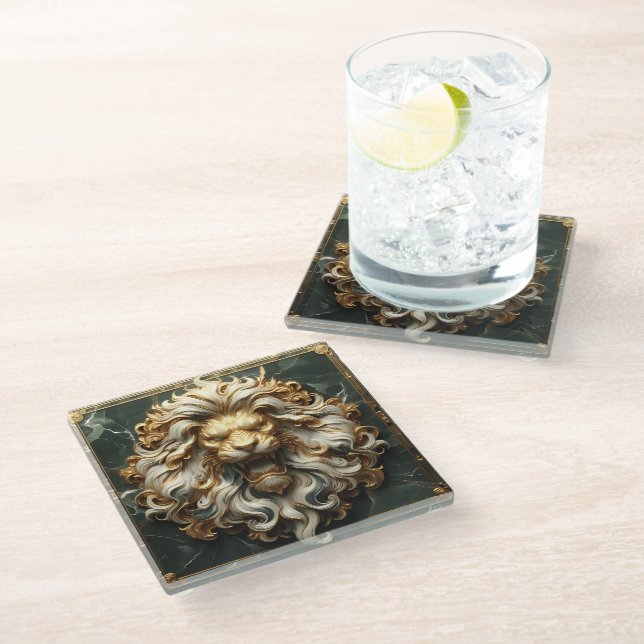 Dessous-de-verre En Verre Lion d'or élégant avec caractéristiques royales (Incliné)
