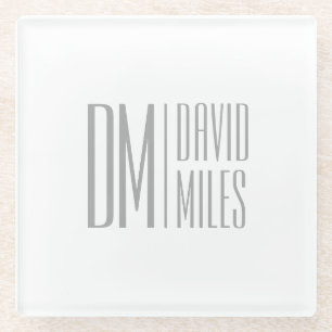 Dessous-de-verre En Verre Logo Stylish Minimal & Modern Grey Initiales & Nom