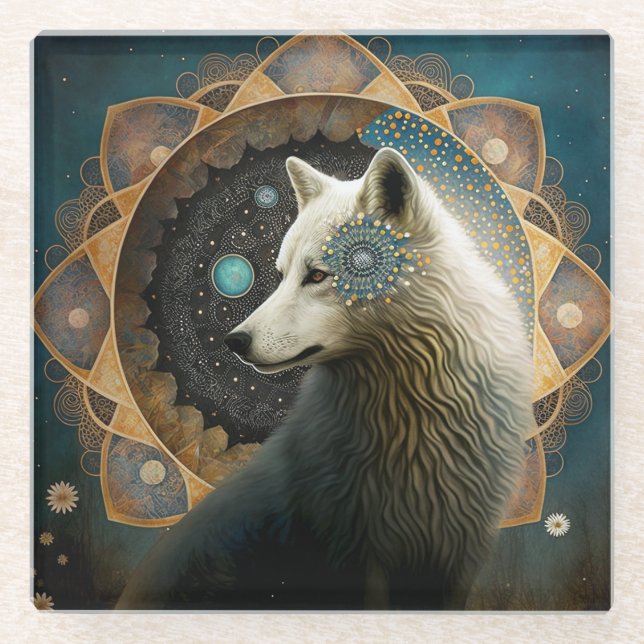 Dessous-de-verre En Verre Loup blanc Mandala (Devant)