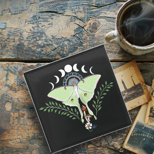 Dessous-de-verre En Verre Lune Papillon Céleste Éthérée Verte Mystique